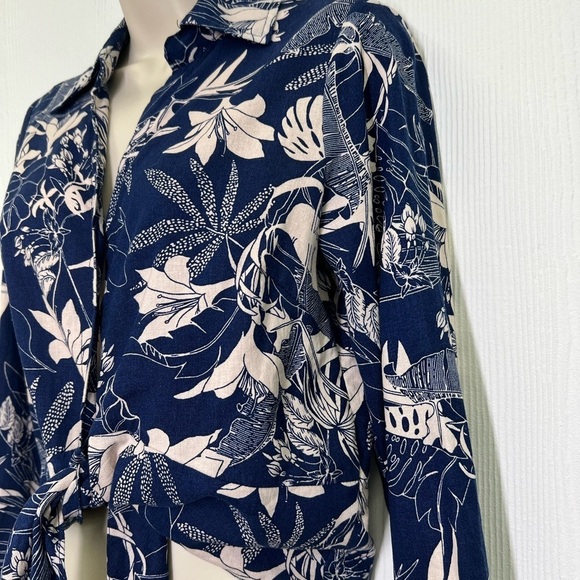 Panama Jack - Blue Linen Blend Tropical Palm Leaf Pattern Tie Blouse Size XS - Picture 5 of 9